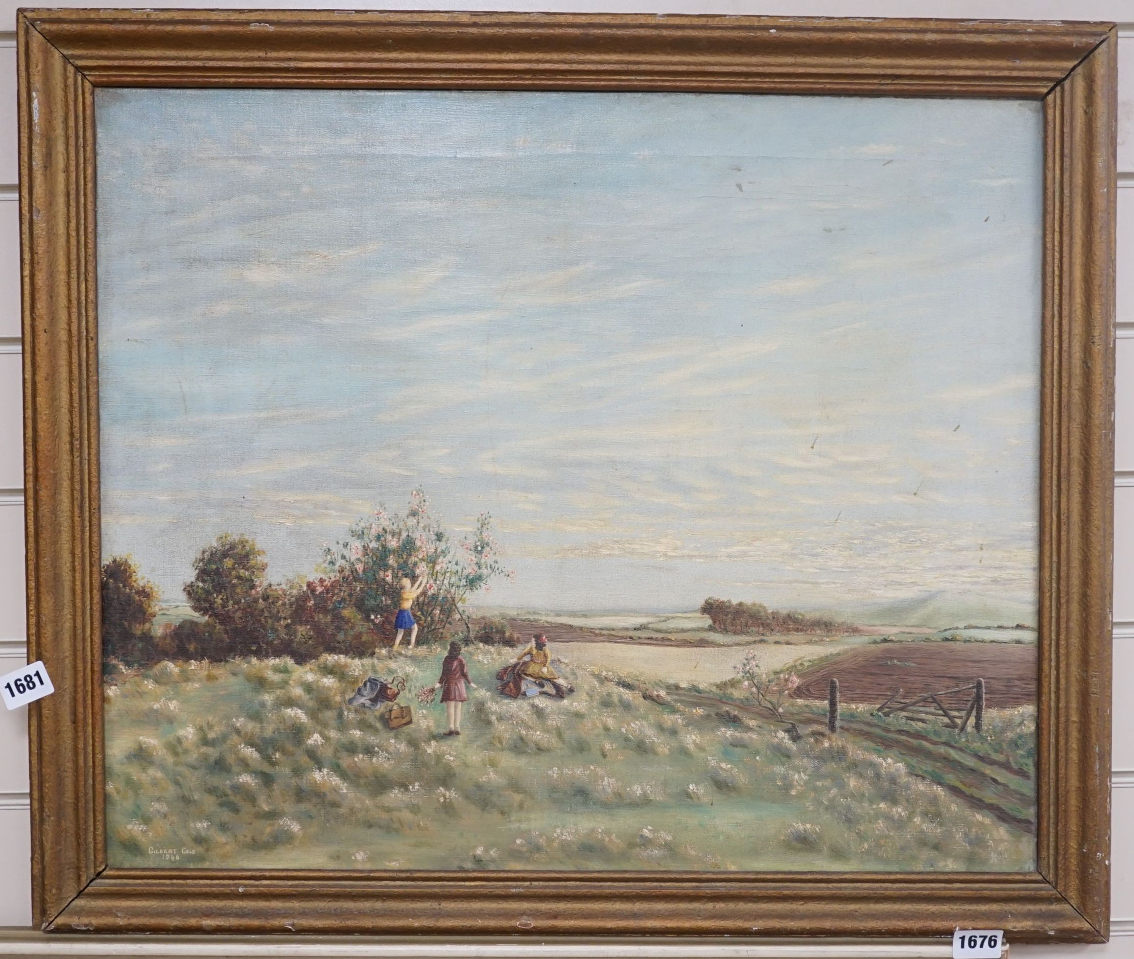 Gilbert Cole, oil on canvas, Children picking spindleberries, signed and dated 1946, 50 x 60cm